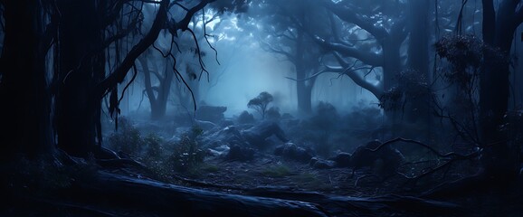 Fantasy dark forest with fog and trees