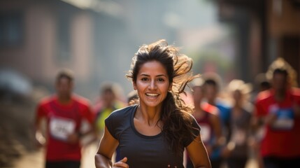 healthy woman with beautiful smile. trail running, marathon, triathlon running, outdoor nature. woman trail runner