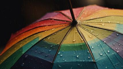 Rain On Rainbow Umbrella close up, LGBTQ+ symbol.