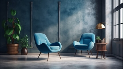 loft and vintage interior Blue wall and background room, armchair and pillow, lamp. Generative AI