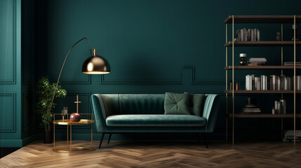 loft and vintage interior Blue wall and background room, armchair and pillow, lamp. Generative AI