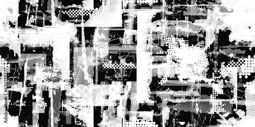 Poster Glitch distorted grungy abstract forms . Halftone dots seamless pattern texture. Grange shapes .Grunge textured . Vector shapes with half tone dots .Screen print endless pattern texture