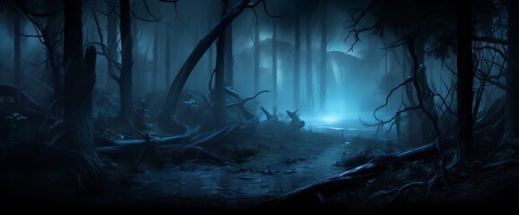 Mysterious dark forest with fog, Halloween concept