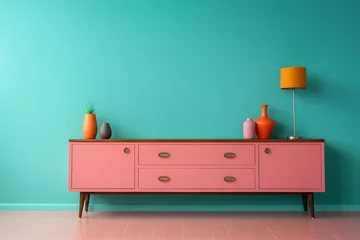 Zelfklevend Fotobehang Colorful interior living room sideboard on empty wall modern contemporary design © YasumiHouse