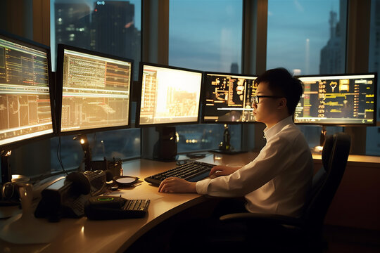Asian man working on stock trading at work desk with multiple screens, evening
