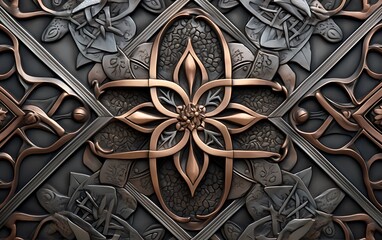 3D illustration of embossed metal ornament on black background