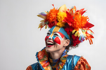 A cheerful portrait of a person dressed as a carnival jester