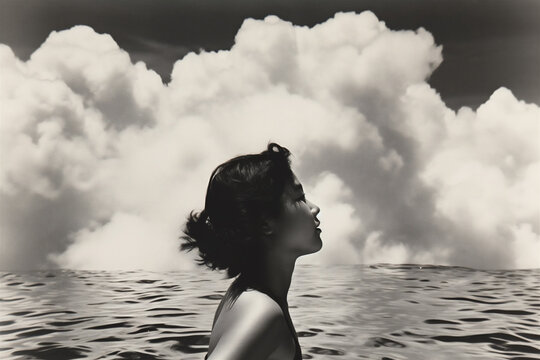 Woman swimming at sunny seaside, black and white photo with retro effect