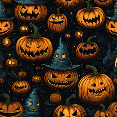 Seamless spooky Halloween pattern. Pumpkin and ghosts, dark color. illustration. Textile design.