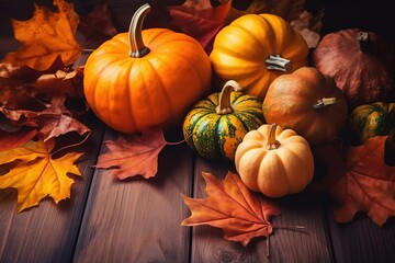 Happy Thanksgiving. Thanksgiving pumpkins and Autumn leaves. Thanksgiving Food Party. Thanksgiving Concept.Thanksgiving Background. Thanksgiving Theme. Generative Ai