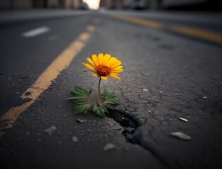Dandelion breaks through asphalt and illustrates the strength of nature, created with generative AI