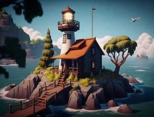 Lighthouse on small island illustrating navigation in life, 3D Render (Generative AI)