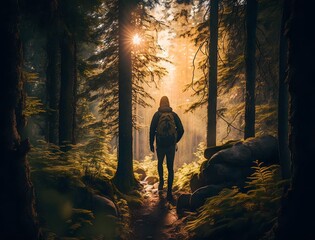 Hiking during the golden hour in a mystic landscape (Generative AI)