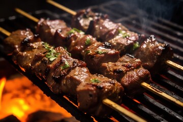 caucasian shashlik skewer beef mutton lulya being cooked on a grill, created by Generative AI - obrazy, fototapety, plakaty
