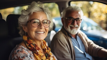 Happy car owner. positive smiling mature woman sitting relaxed in newly bought car looking at the camera smiling joyfully. One old senior driving and having fun.,ai generate