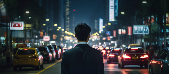 rear view of businessman walking in the street night time with blur motion car transportation and light from urban city building business motion and city lifestyle,ai generate - Powered by Adobe