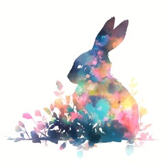 Silhouette of a rabbit with colorful watercolor, colorful bunny
