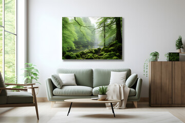 A serene forest or woodland scene in living room frame