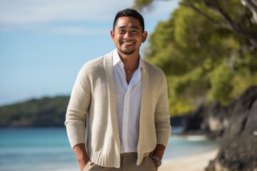 Fototapeta na wymiar Group portrait of a Indonesian man in his 30s in a beach background wearing a chic cardigan