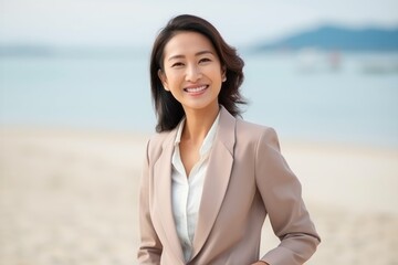 Medium shot portrait of a Indonesian woman in her 40s in a beach background wearing a classic blazer