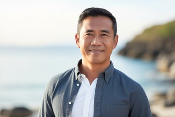 Medium shot portrait of a Indonesian man in his 40s in a beach background wearing a chic cardigan
