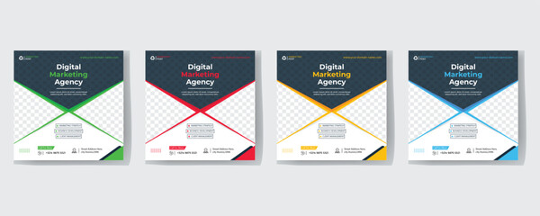 Modern Creative Corporate Social media post templates set for business with cityscape vector illustration on background. Square posts layouts for personal blog.