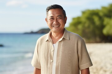 Medium shot portrait of a Indonesian man in his 50s in a beach background wearing a chic cardigan