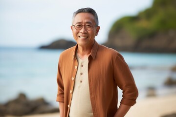 Lifestyle portrait of a Indonesian man in his 50s in a beach background wearing a chic cardigan