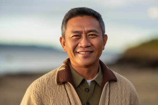 Medium shot portrait of a Indonesian man in his 50s in a beach background wearing a chic cardigan