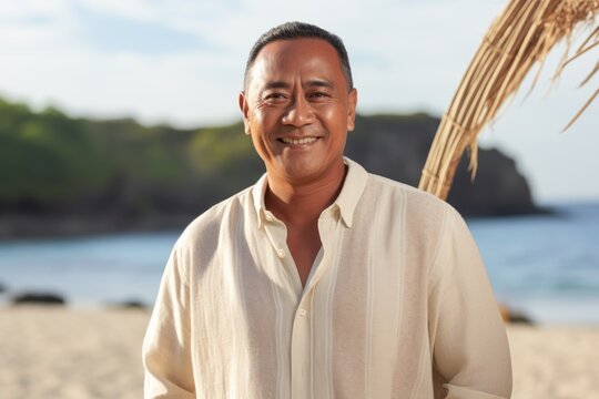 Medium shot portrait of a Indonesian man in his 50s in a beach background wearing a chic cardigan