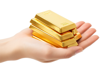 Hand-holding gold bars isolated on white background PNG