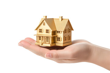 Hand holding a simple house made of gold isolated on white background PNG