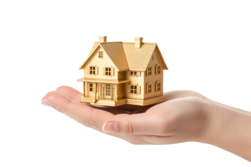 Hand holding a simple house made of gold isolated on white background PNG