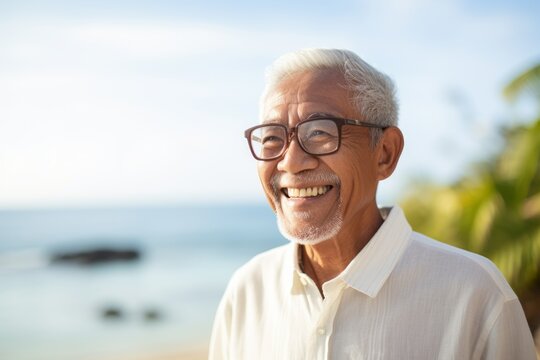 Medium shot portrait of a Indonesian man in his 90s in a beach background wearing a chic cardigan