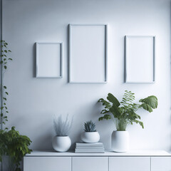 Wall art frames mockup in  white estetic room. can use for wallpaper mockup as well. 