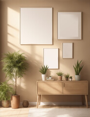 Wall art frames mockup in boho chic room. can use for wallpaper mockup as well. 
