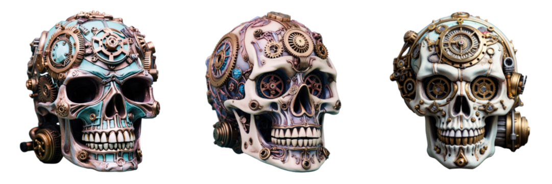 Steampunk themed transparent background with a mechanical gypsum skull money box