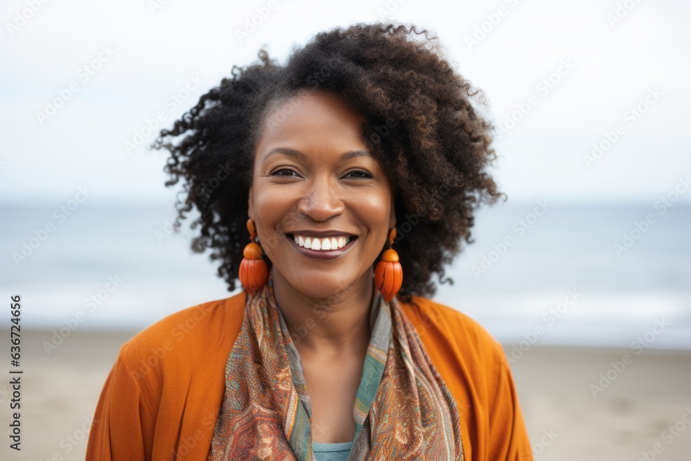 Wall mural Lifestyle portrait of a Nigerian woman in her 40s in a beach background wearing a chic cardigan