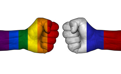 Russia Vs LGBTQ community. Ban on LGBTQ in Russia. Concept Fist Fight of Russia And LGBTQ+ Pride.