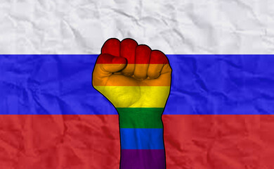 LGBTQ Protest Fist on a Russia Flag - Illustration, Pride Hand fist on Russian flag.