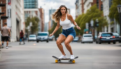 Young blonde woman riding a skateboard in the city
