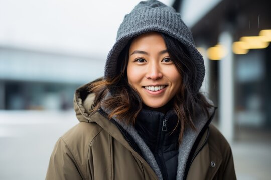 Portrait of smiling asian woman in winter coat and hat looking at camera