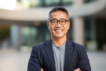 Obraz premium Portrait of happy asian businessman with arms crossed in office building