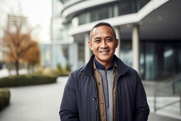 Fototapeta premium Portrait of happy mature asian businessman standing outside office building.