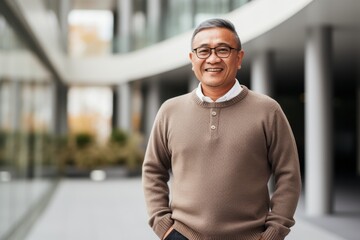 Naklejka premium Portrait of smiling asian senior man with eyeglasses standing outdoors