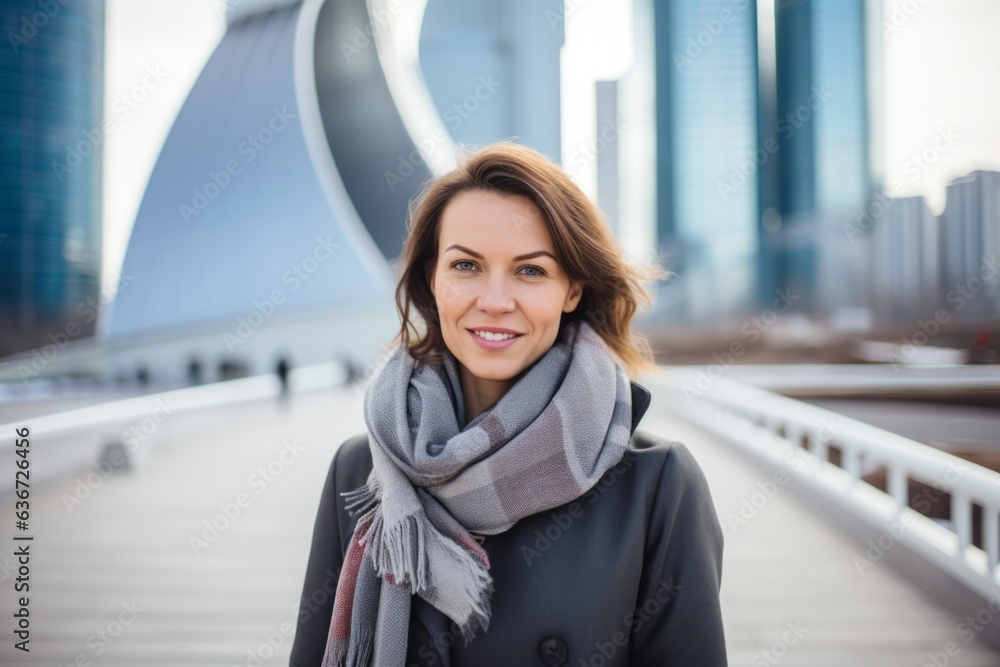 Wall mural Portrait of a beautiful young woman with scarf in the city.