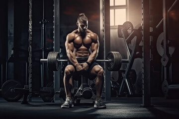 Fototapeta na wymiar Muscular man is exercising with heavy dumbbells, training biceps while sitting on a bench in the gym.AI generated