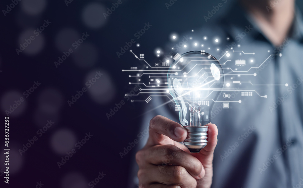 Aufkleber man hand holding lightbulb start new idea and using a technology for creativity, innovation, future 