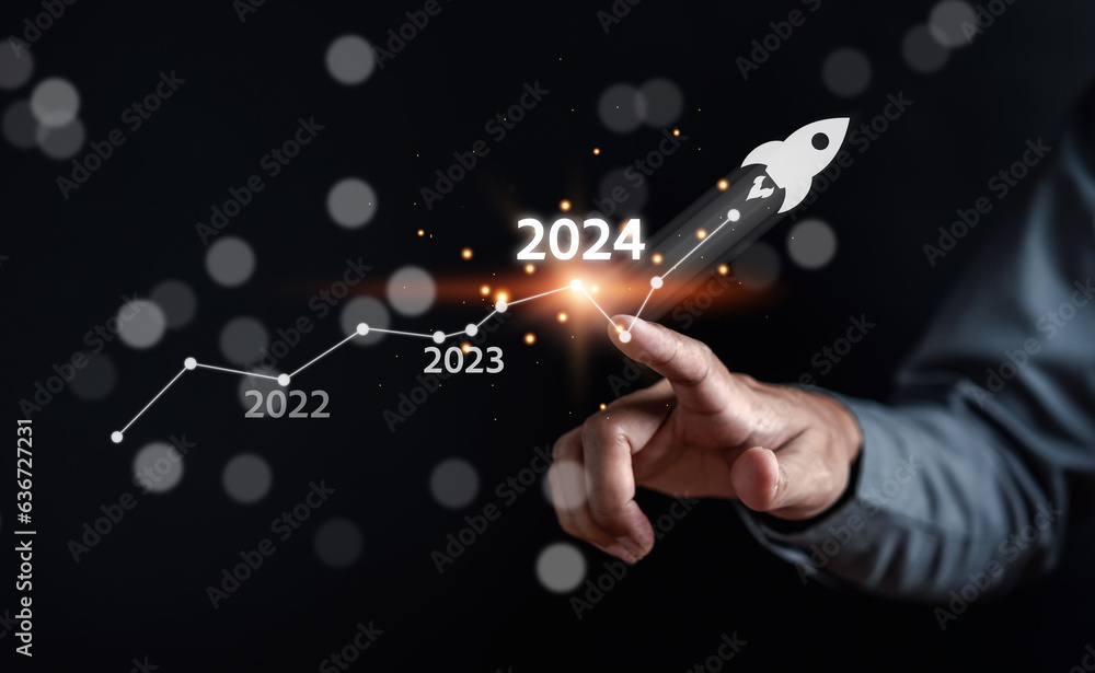 Aufkleber pointing happy new year 2024 with chart graph and countdown merry christmas and happy new year, plan