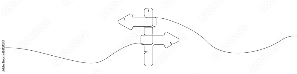 Poster signpost drawn in a continuous line vector icon. directional arrows are drawn in one line. road sign